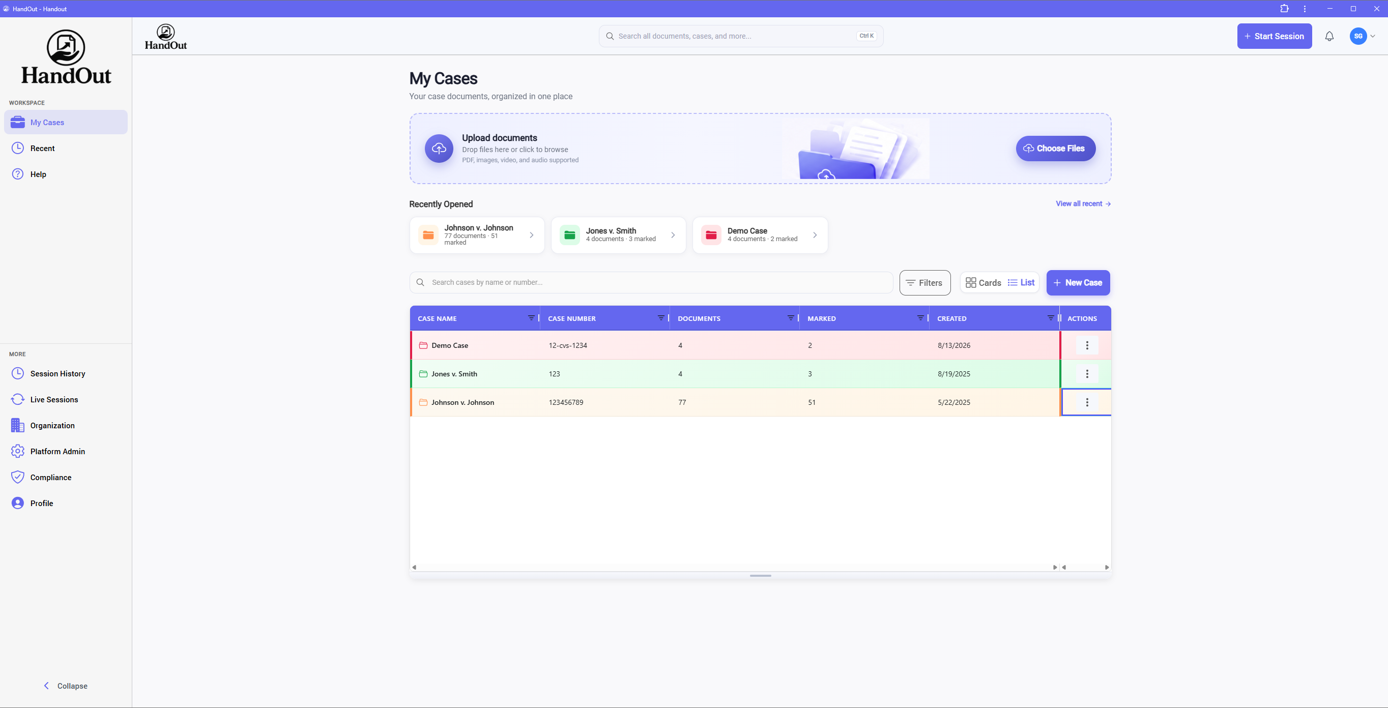 HandOut My Cases dashboard with search, Start Session, and a list of cases