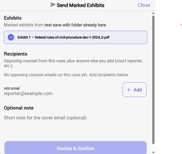 HandOut Send Marked Exhibits: select exhibits, add recipient emails, optional note, and Review & Confirm